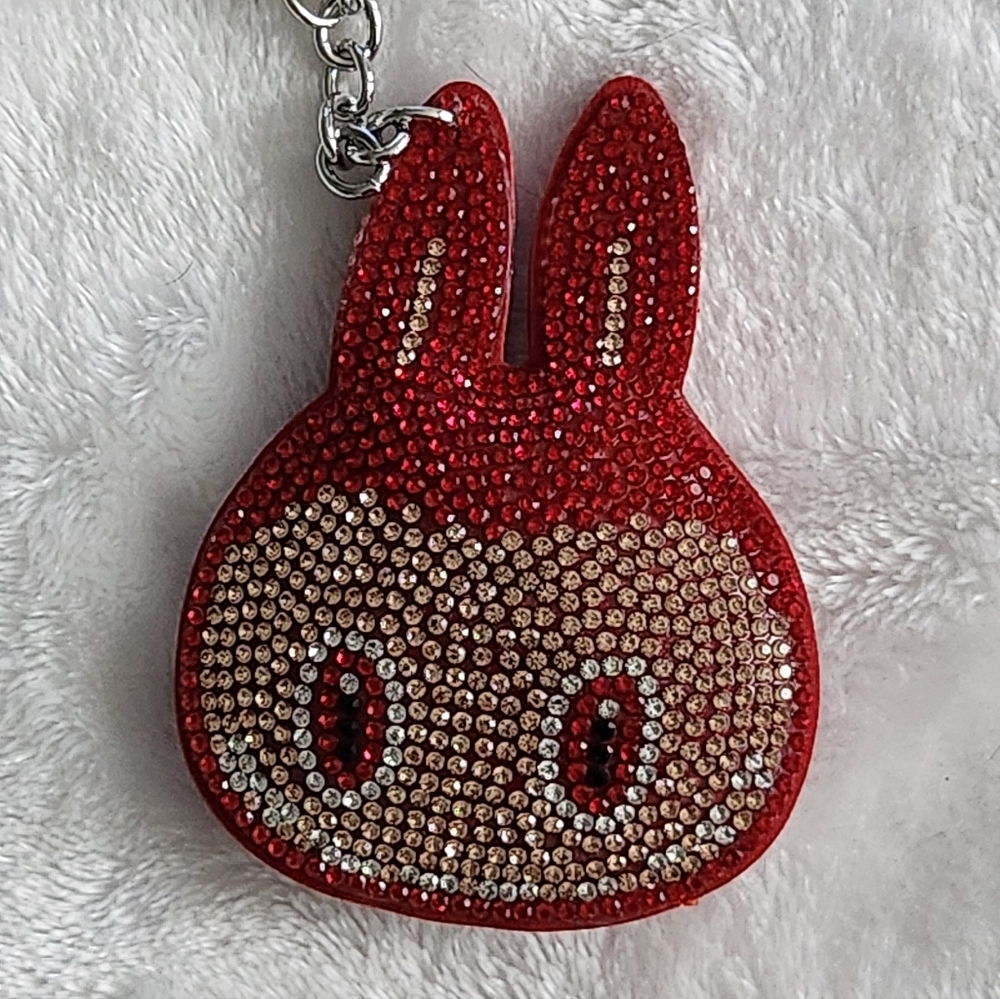 Red Labubu Head Rhinestone Keychain Bag Charm - Picture 2 of 4